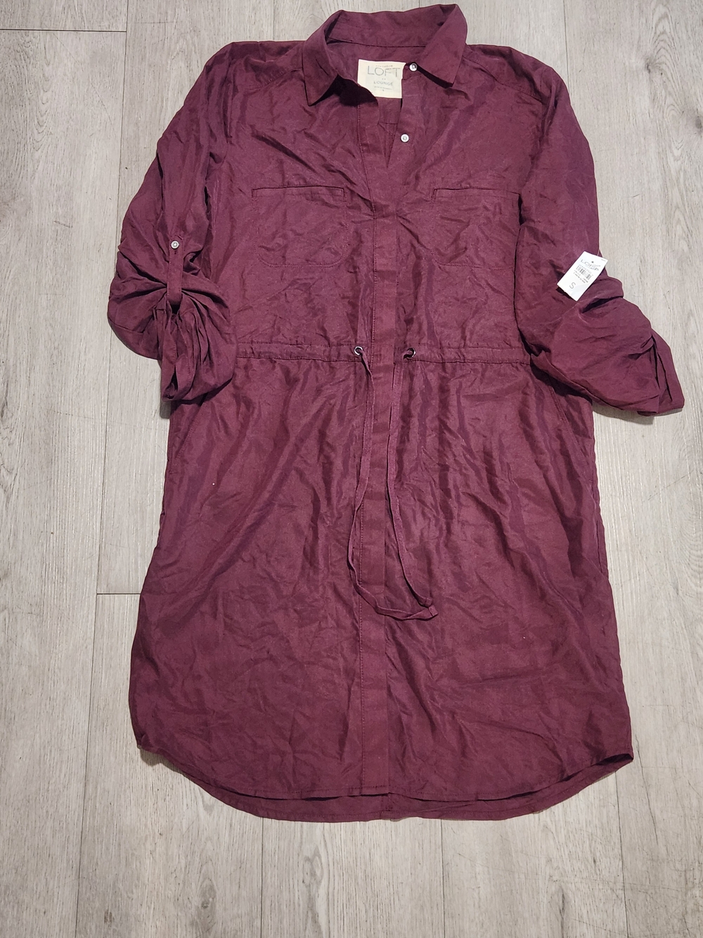 NWT LOFT Outlet Maroon Burgundy Roll Tab Drawstring Shirt Dress Size S